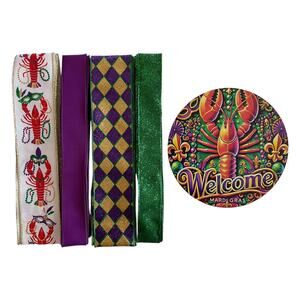 Mardi Gras Wreath Kit | Welcome Crawfish Sign & Ribbons Bundle | DIY Home Decor